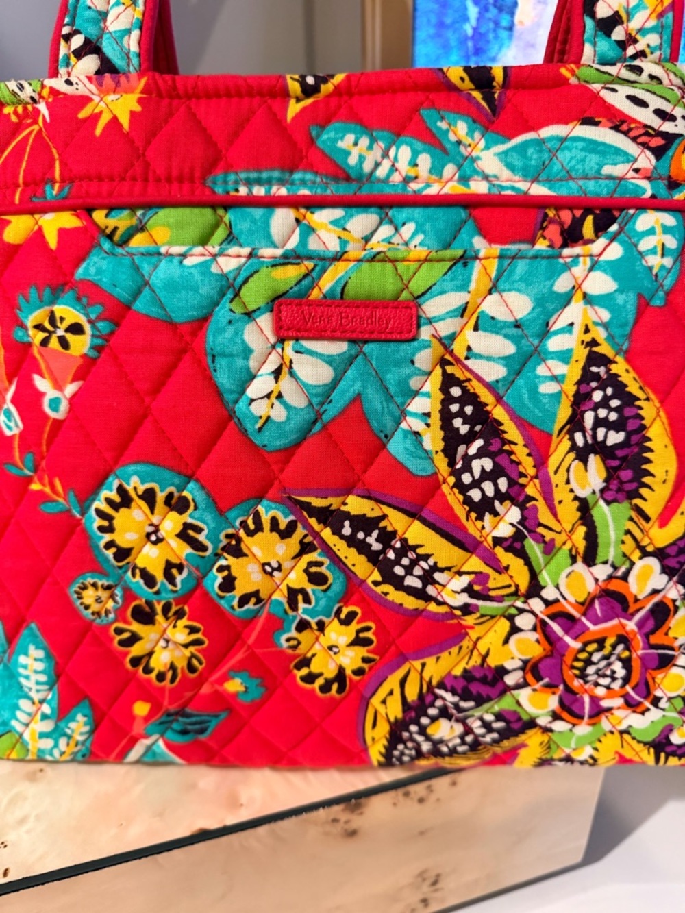 Vera Bradley Small Hathaway Tote Bag in Red with Turquoise Yellow & Greens NWOT - Picture 9 of 12